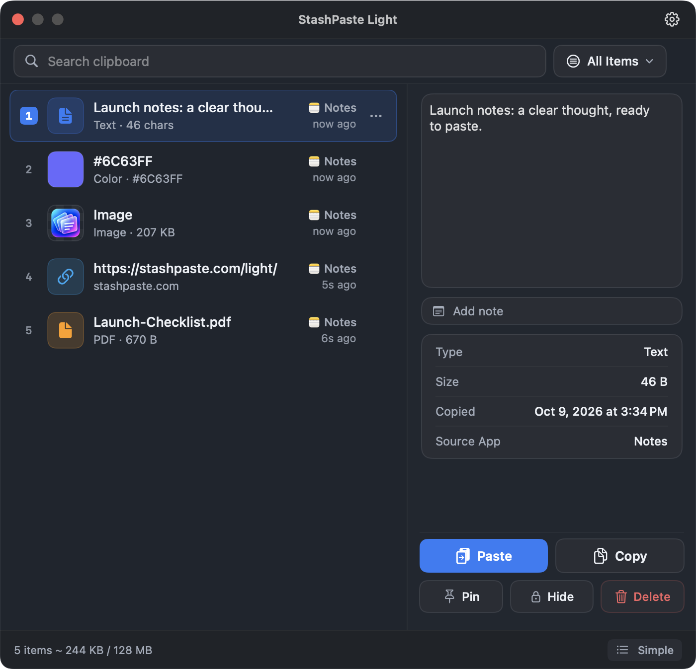 StashPaste Light Advanced View with clipboard items, content filters, a selected text preview and item actions.