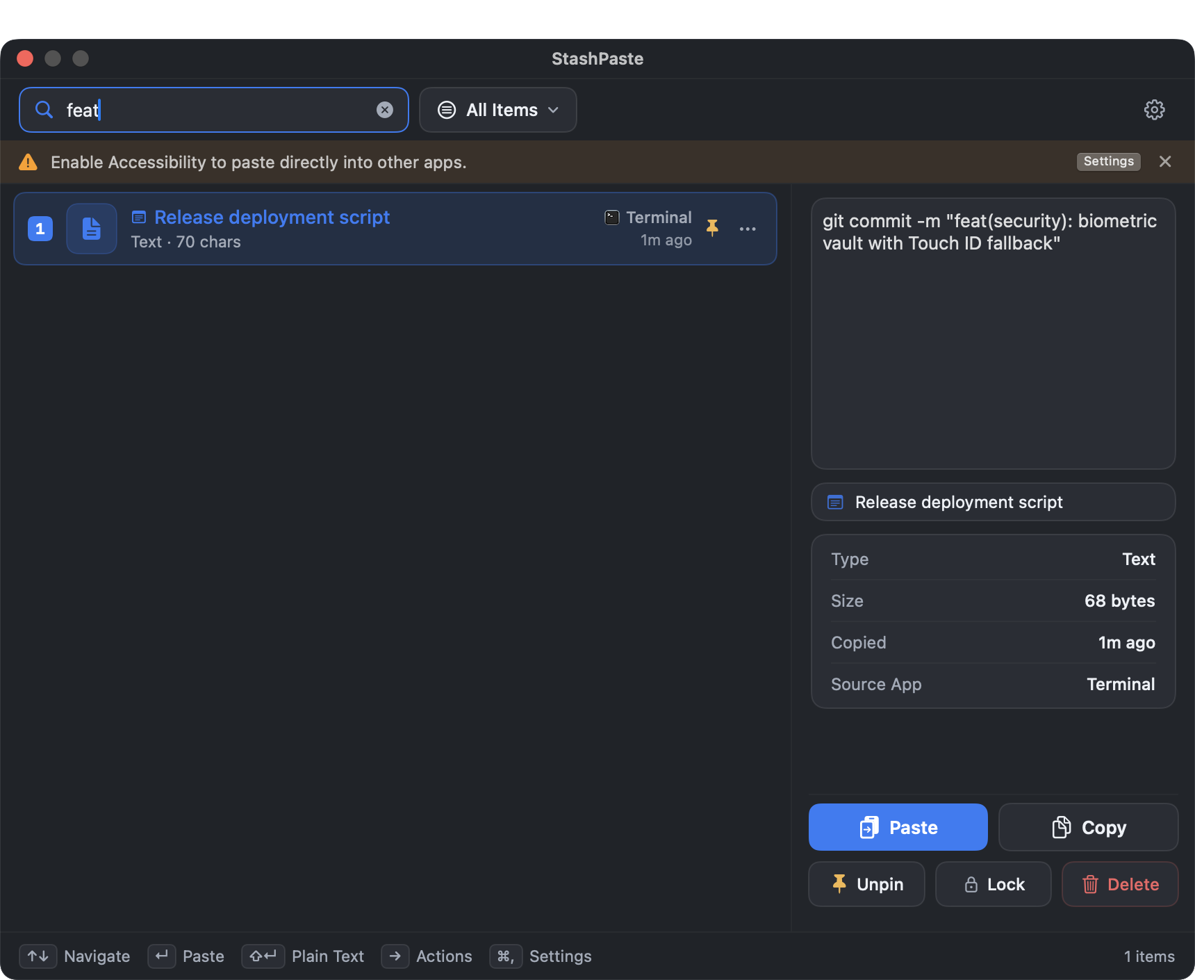 StashPaste search interface with filtered clipboard results