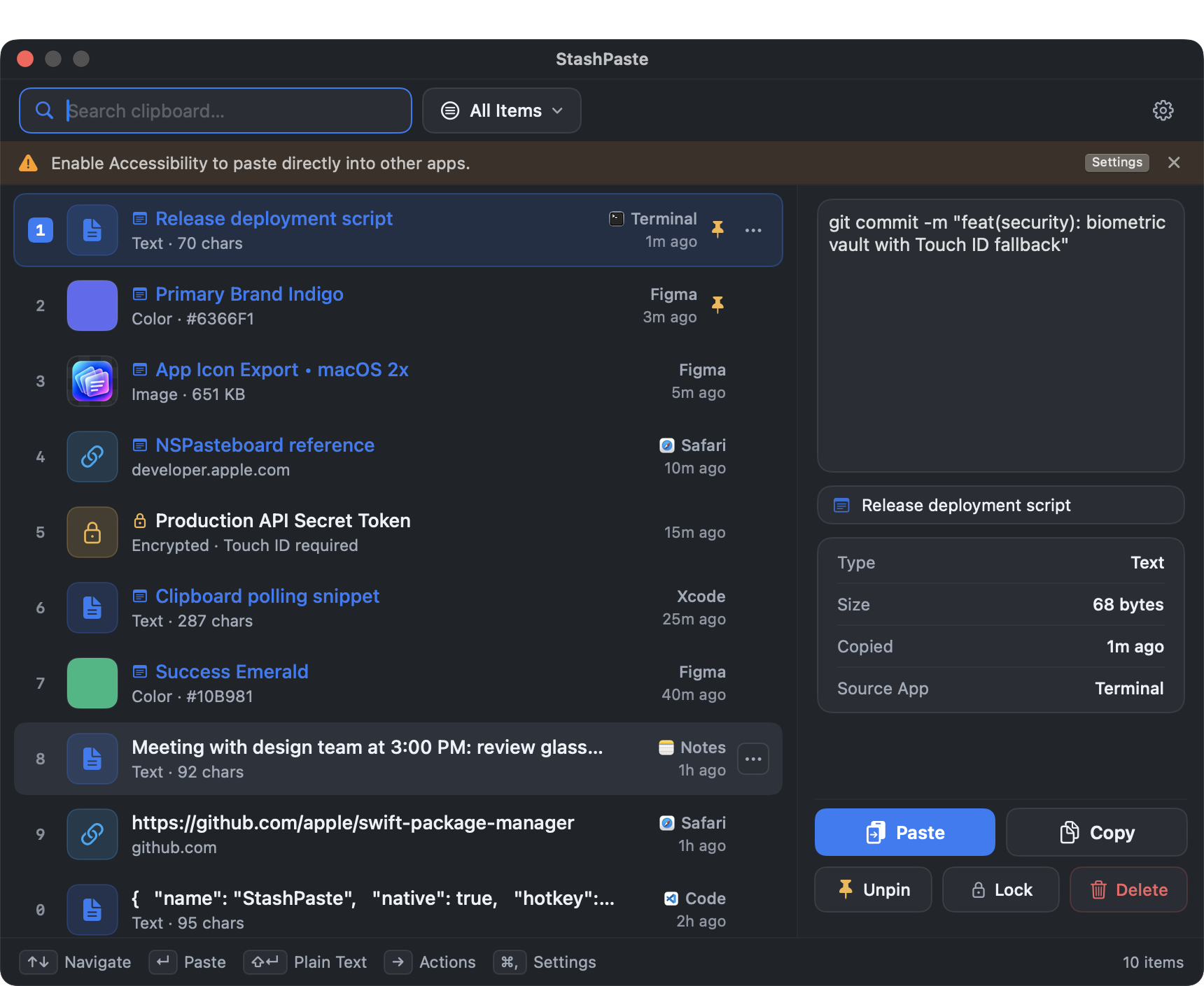 StashPaste Native macOS Interface showing clipboard history with text, images, and colors